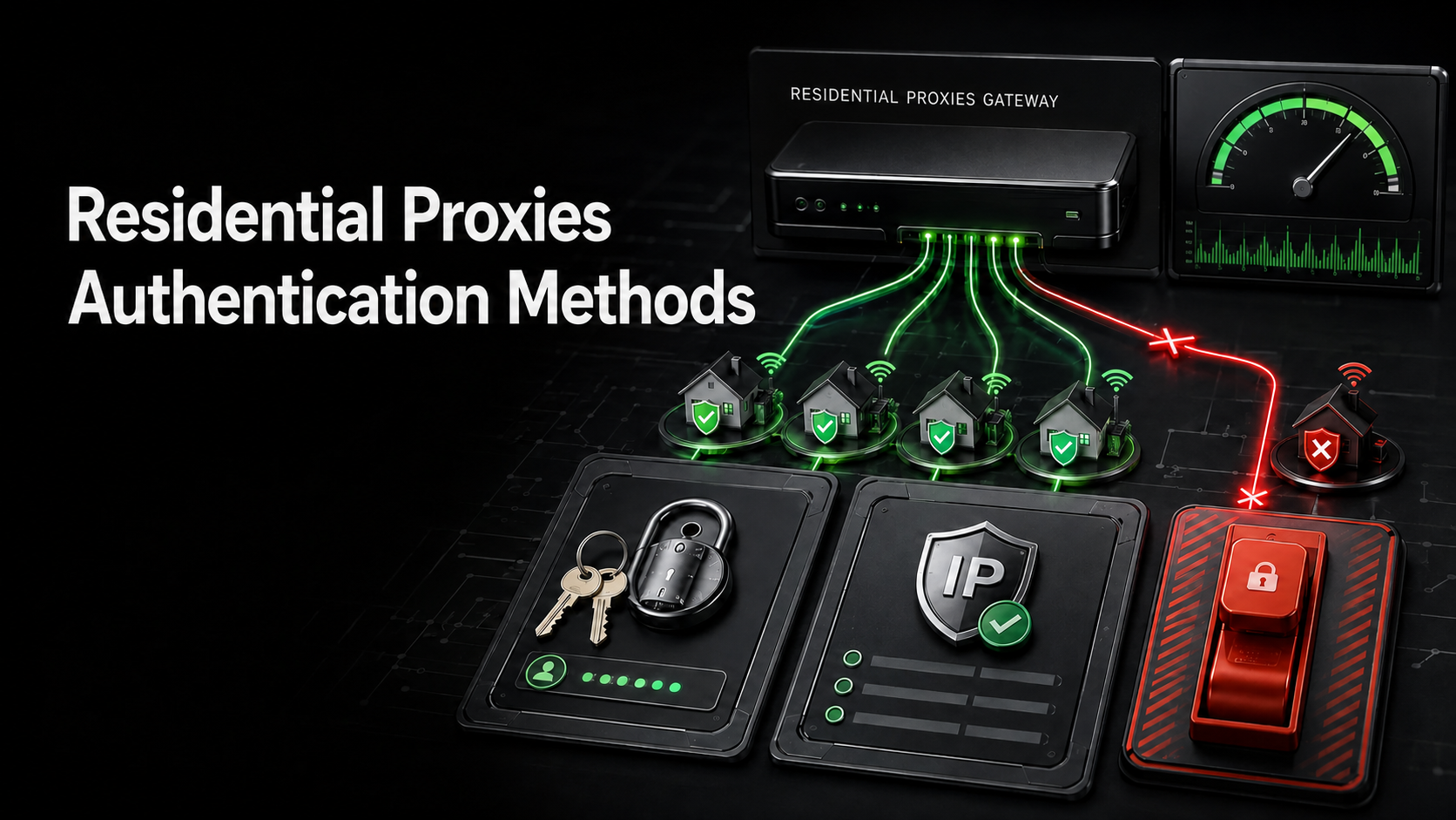 Residential proxies authentication methods showing a username and password panel, an IP allowlist panel, and a blocked connection at the gateway