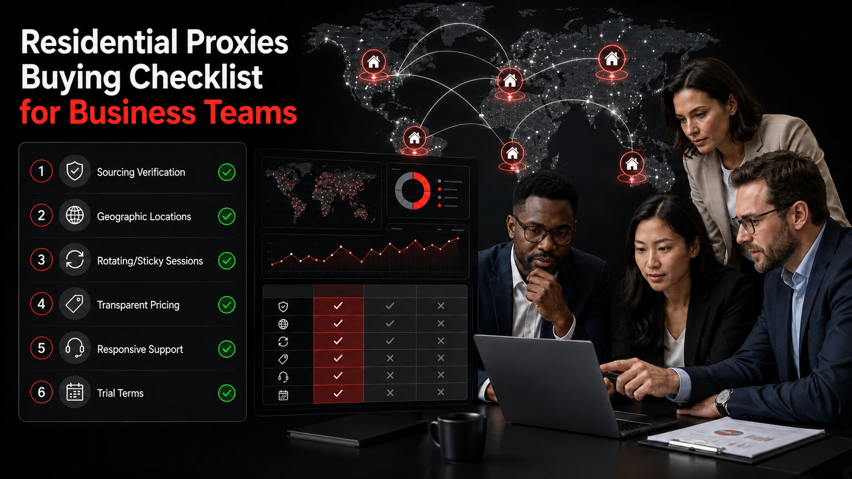 Residential proxies buying checklist for business teams shown as a six-point evaluation panel beside a provider comparison dashboard