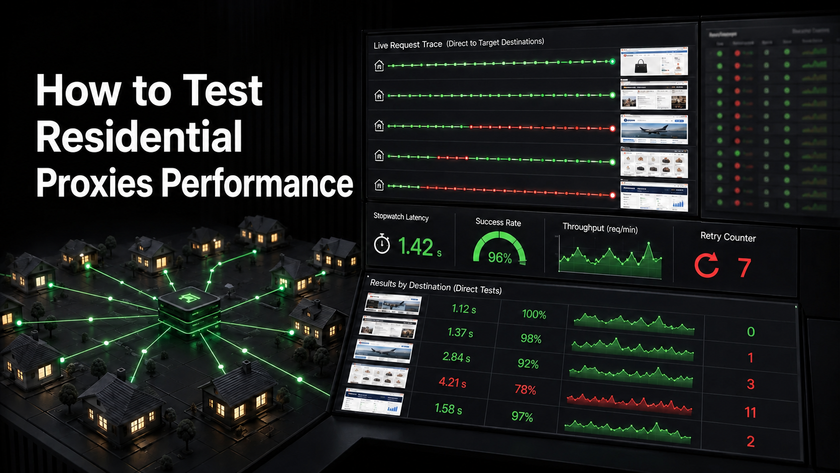 How to test residential proxies performance, with live request traces, stopwatch latency, success rate and per-destination results