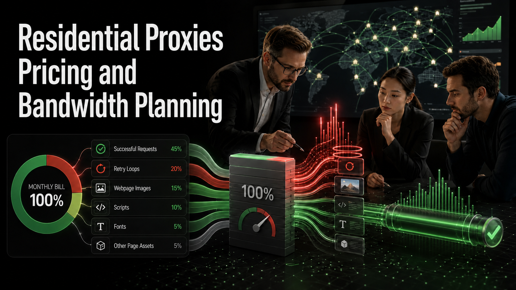 Residential proxies pricing and bandwidth planning dashboard splitting a monthly bill into successful requests, retry loops, images, scripts and fonts