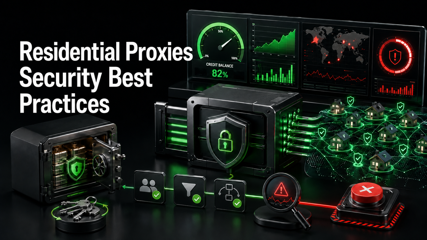 Residential proxies security best practices illustrated by a credential vault, access controls, a usage monitoring dashboard and a revocation switch